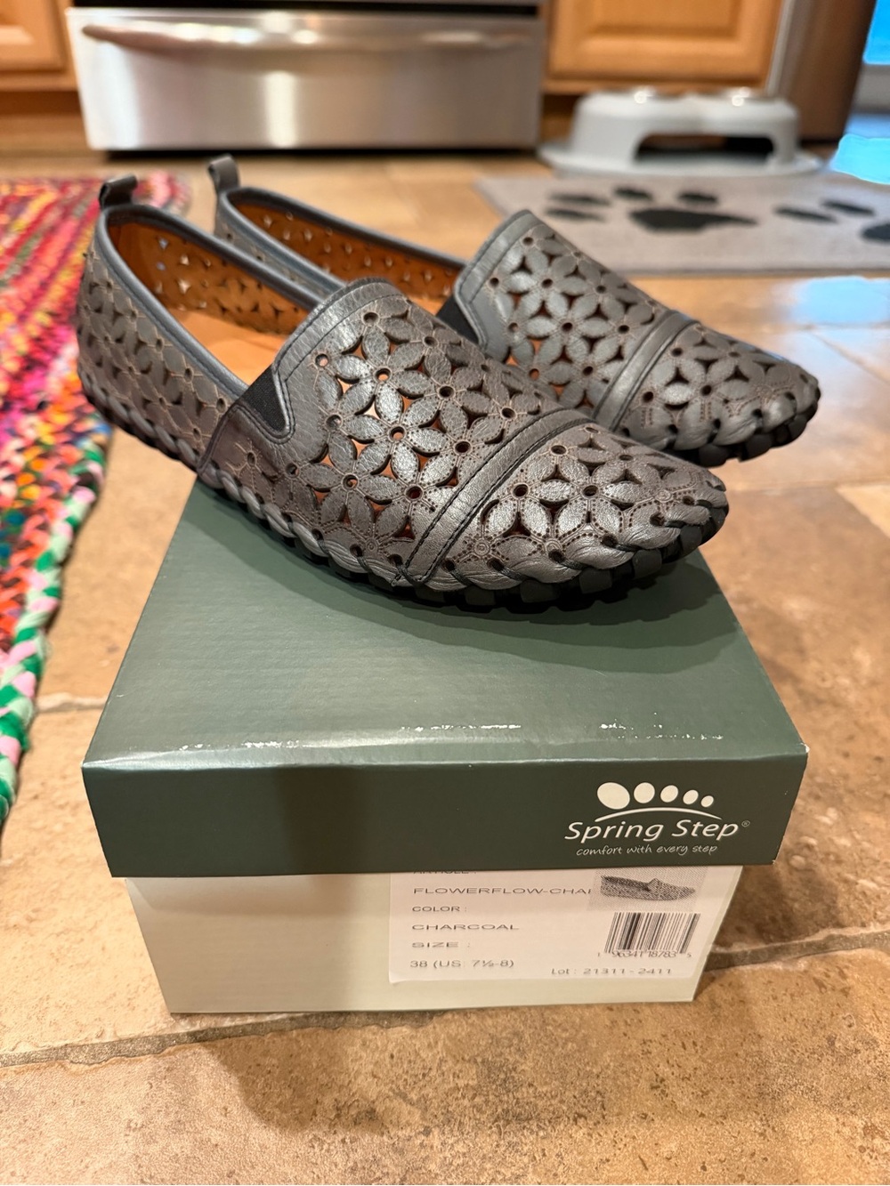Spring Step Flower Flow Charcoal Laser-Cut Slip-On Flats